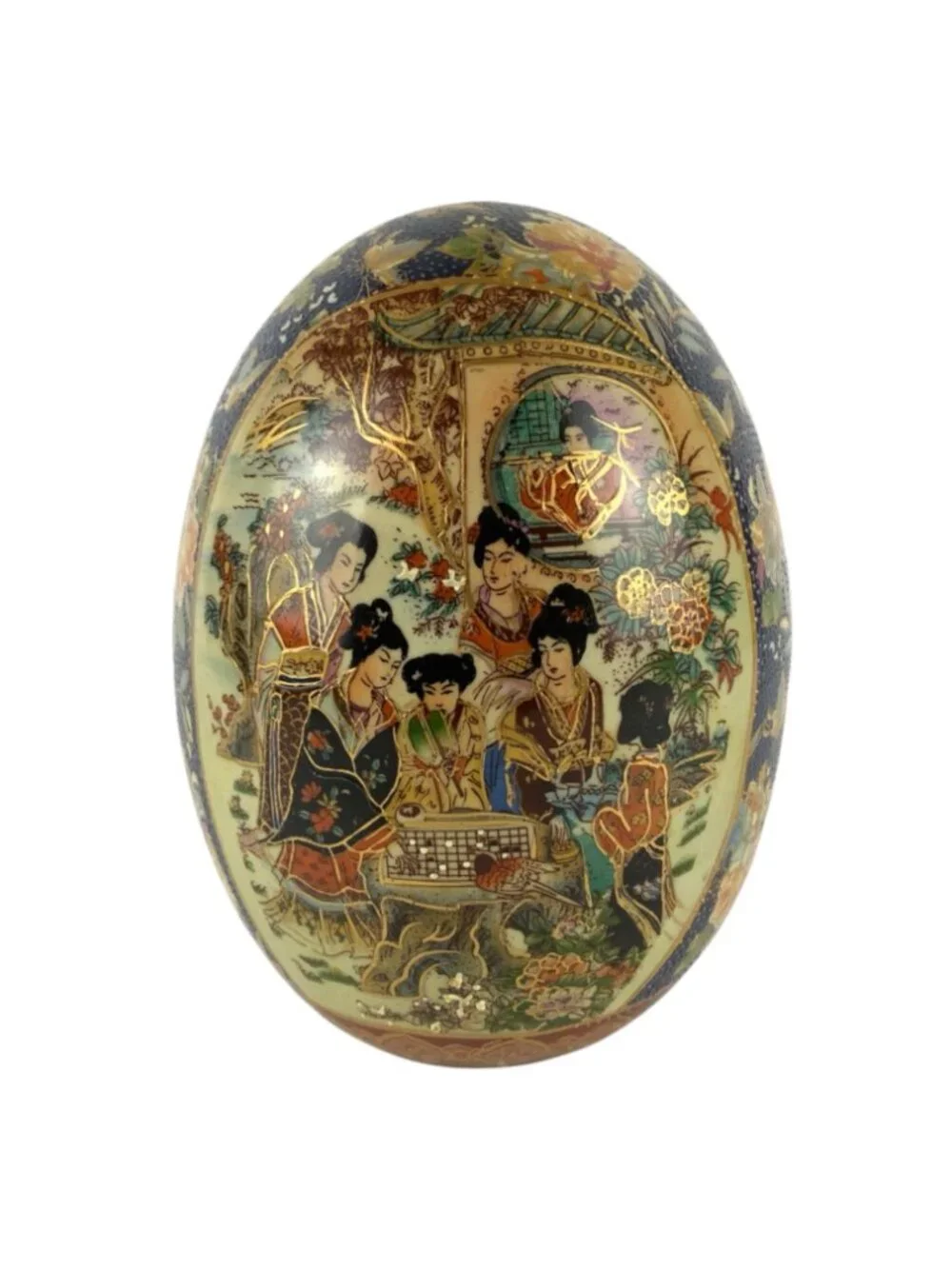 Large Chinese Ceramic Decorative Egg 9 inch Hand Painted Asian Women Floral Gold